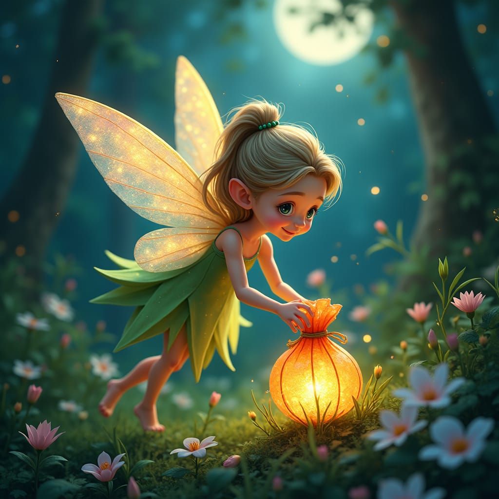 Fairy Gemstone Collector in Mystical Moonlight Forest