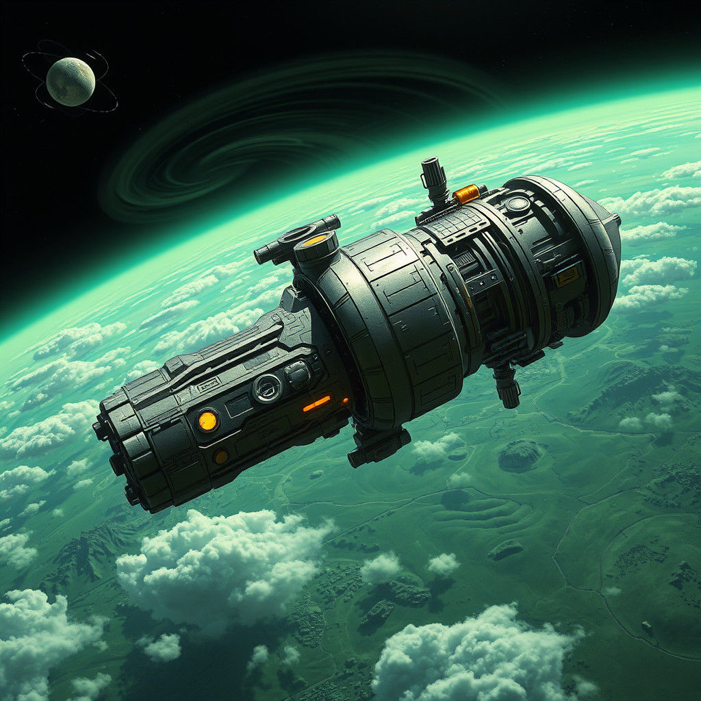 Futuristic Space Station Orbiting Green Planet