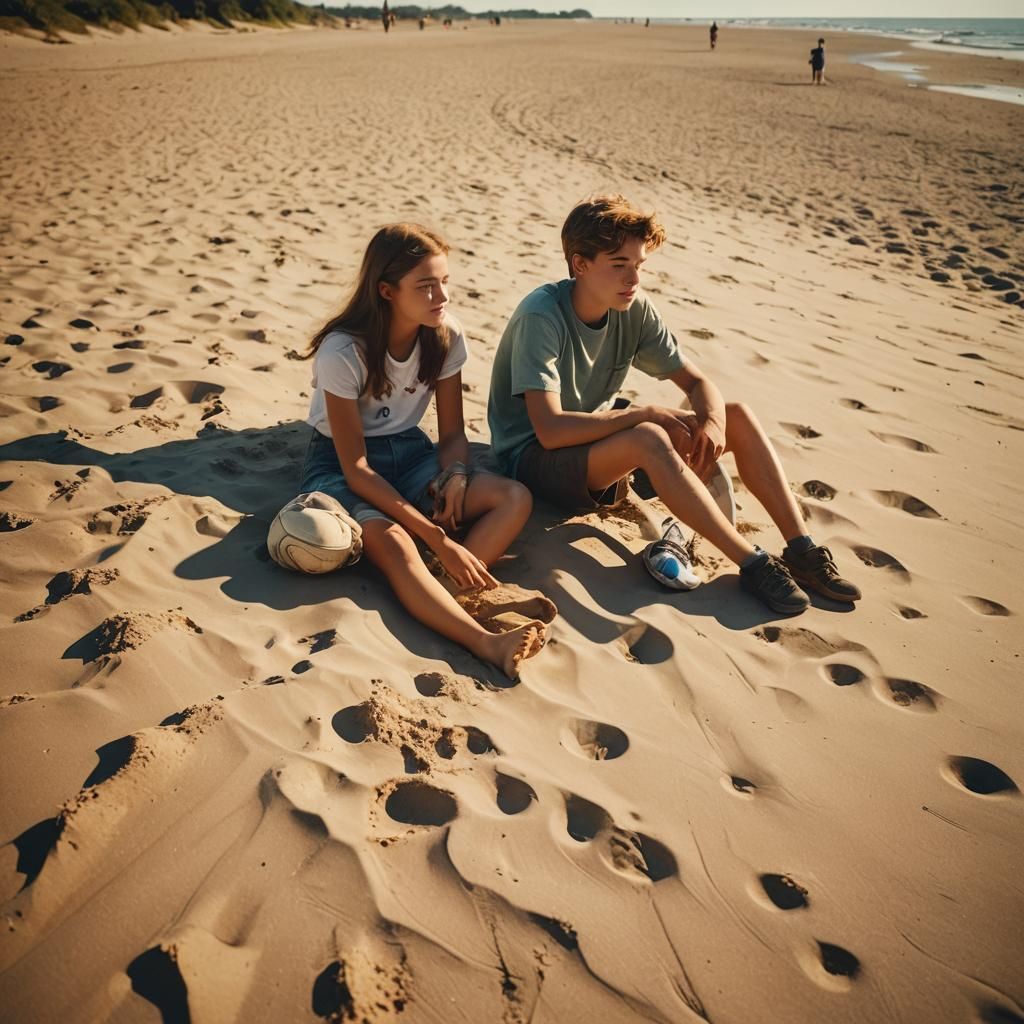 Teenagers Daydreaming on Beach in Vibrant Kodachrome Style