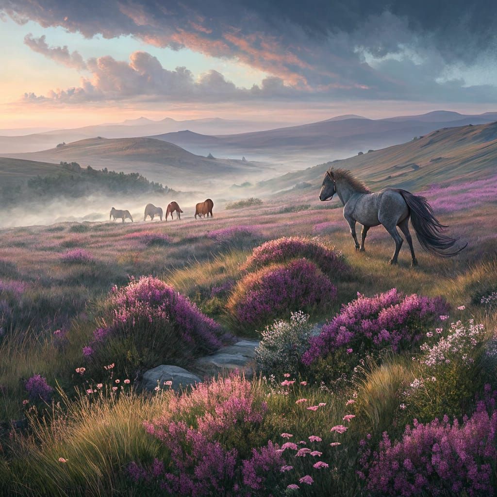 Majestic Moorland Landscape with Wild Ponies in Dusk Light