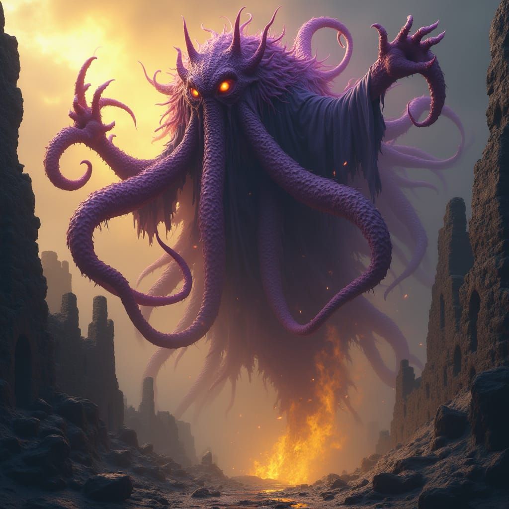 Tentacled Monster Above Ruined Castle, Digital Art