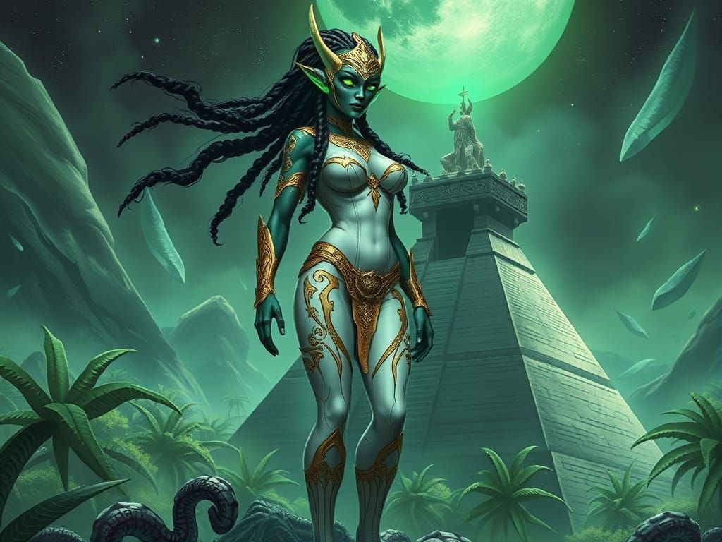 Glowing Alien Warrior Queen Dominates Jungle Ziggurat