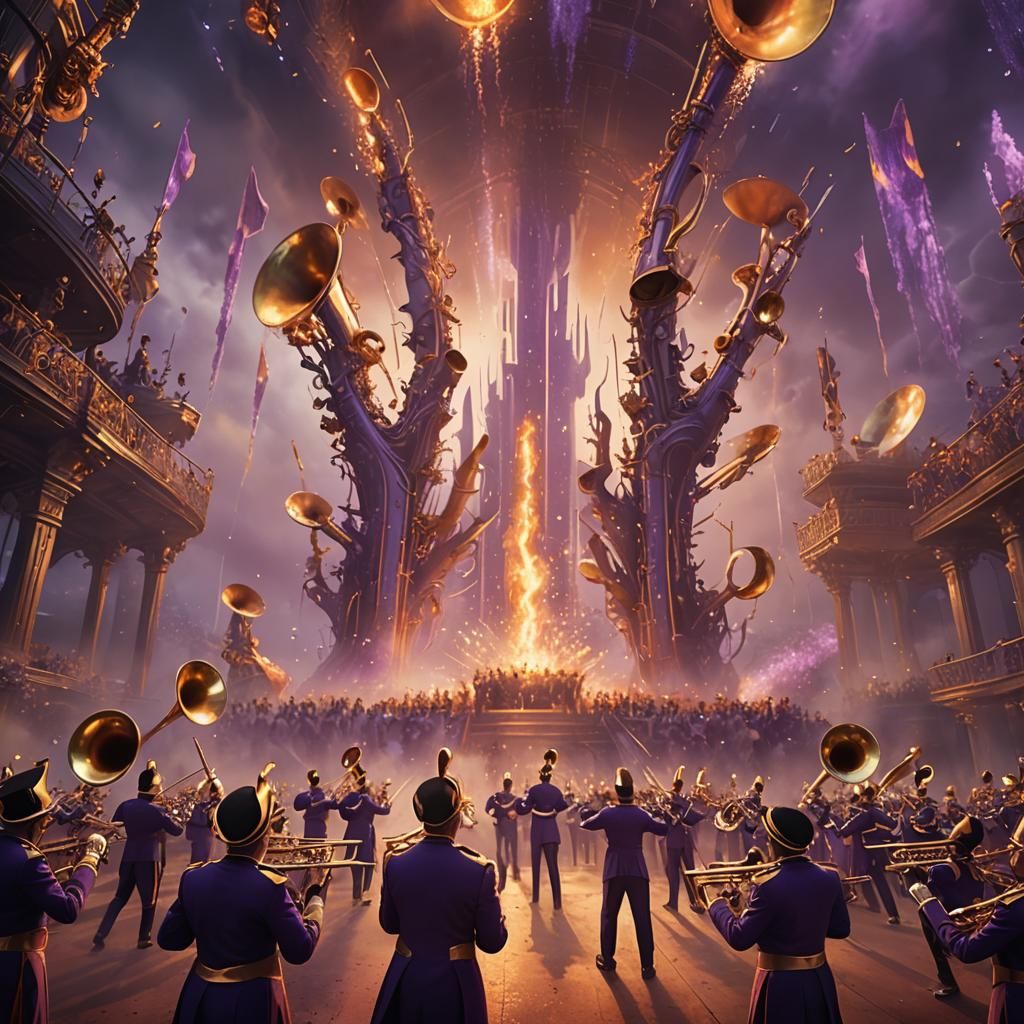 Surreal Marching Band Performance in Dreamlike Setting