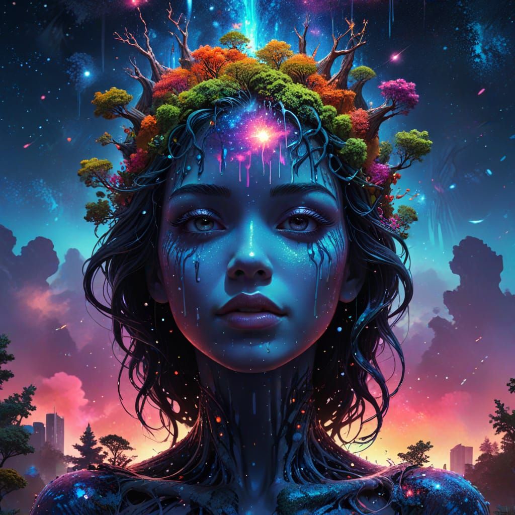 Celestial Galaxy Dripping into Urban Nature