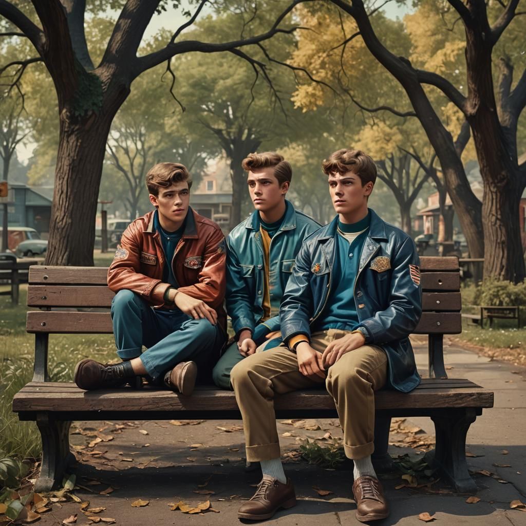 Brothers Posed on Bench, 1960s Matte Painting