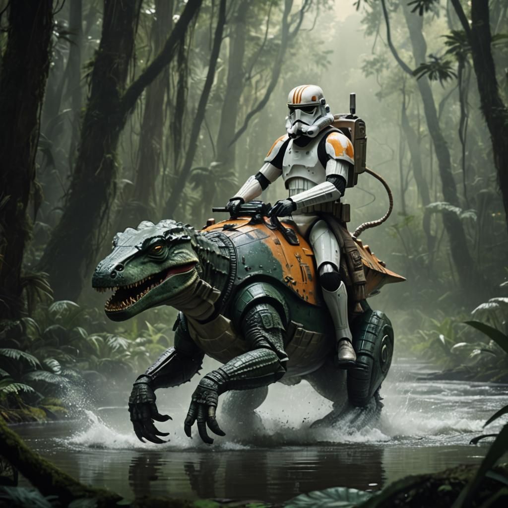 Stormtrooper on Alien Creature in Jungle, Cinematic