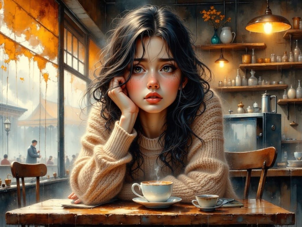 Worried Woman in Coffee Shop: Digital Painting