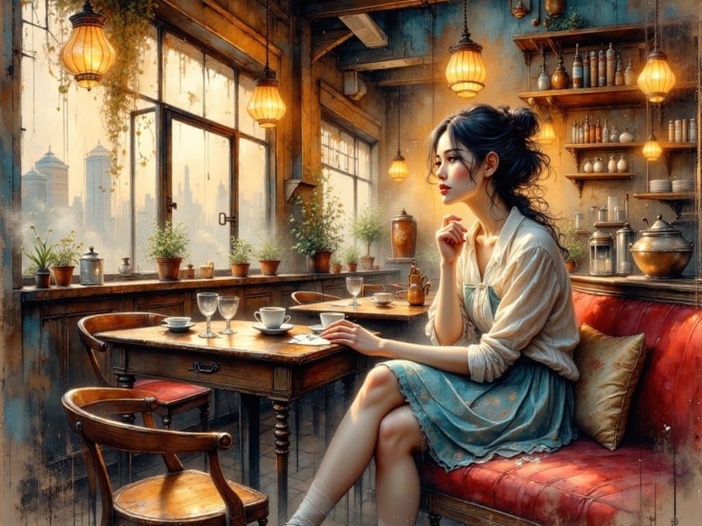 Animated Woman in Coffee Shop, Vibrant Art Style
