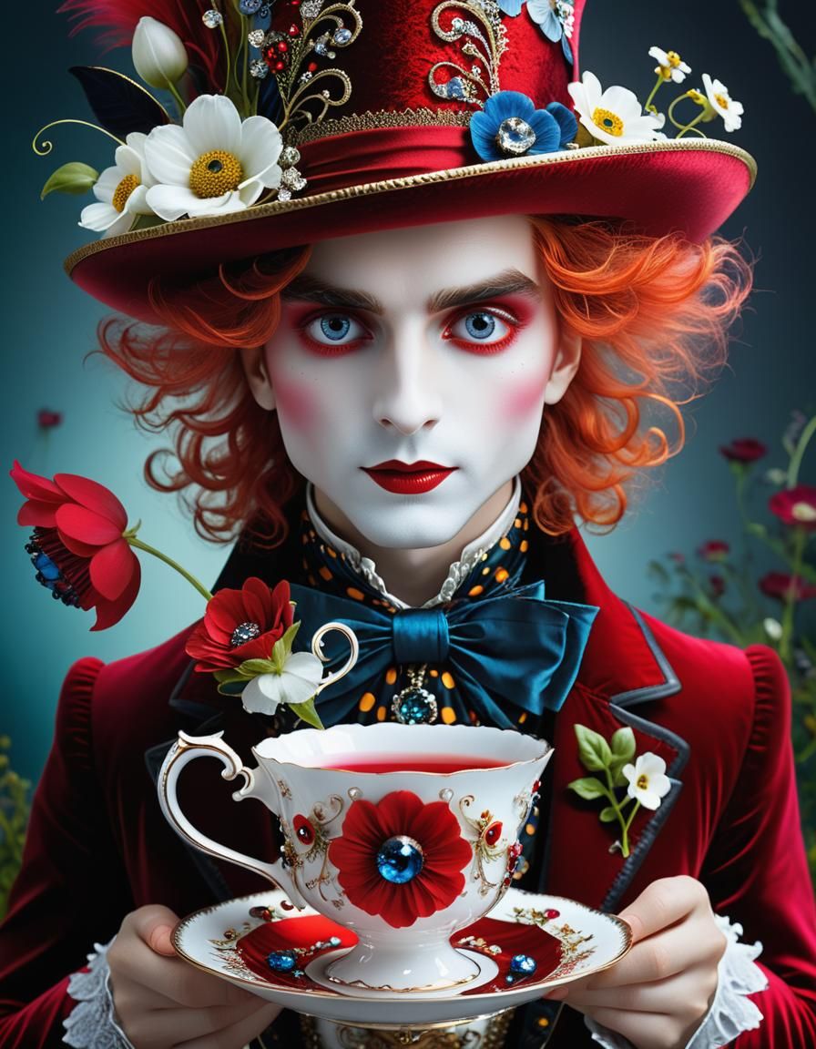 Crimson Mad Hatter with Teacup in Wonderland