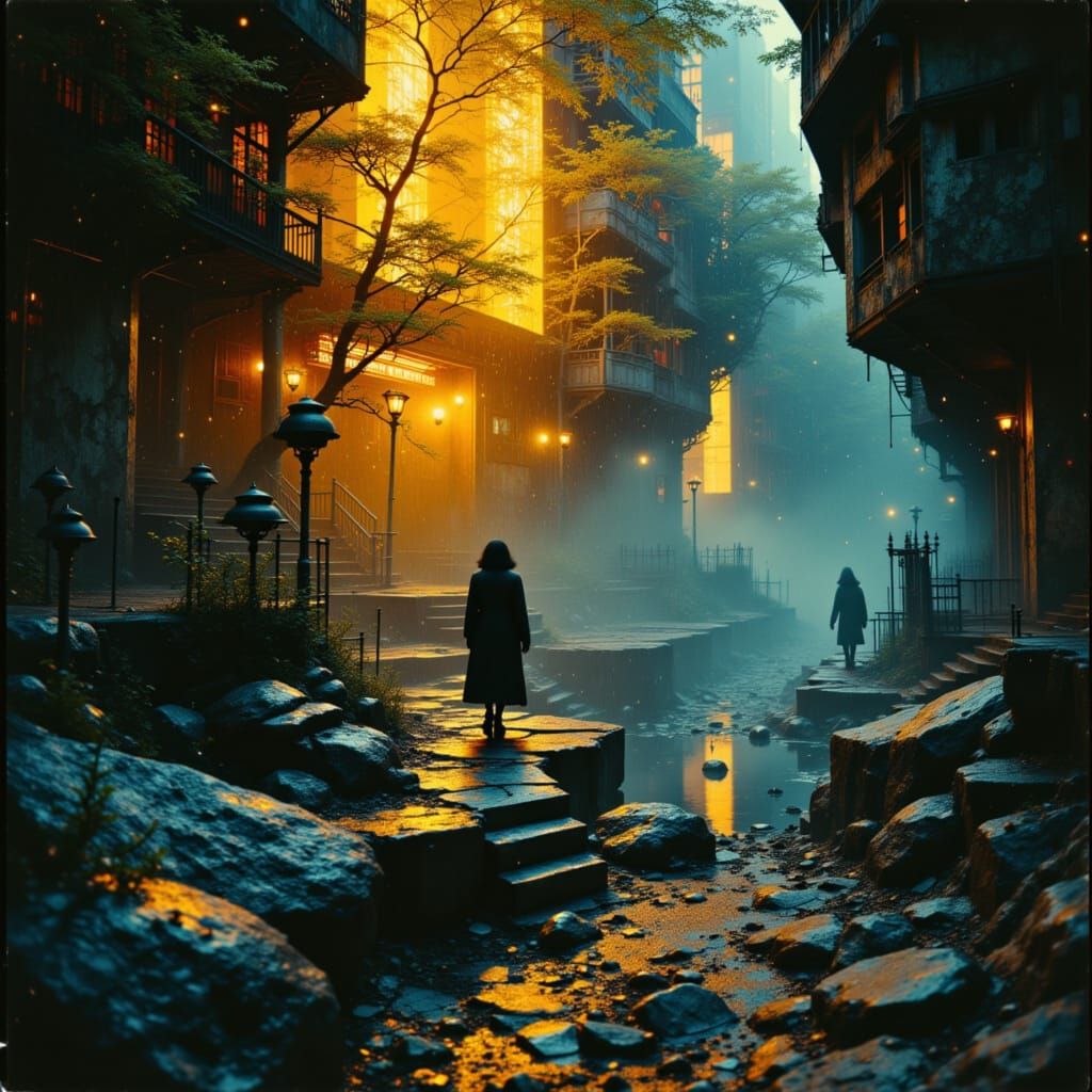 Emotional Scene with Golden Rain in Vibrant Colors