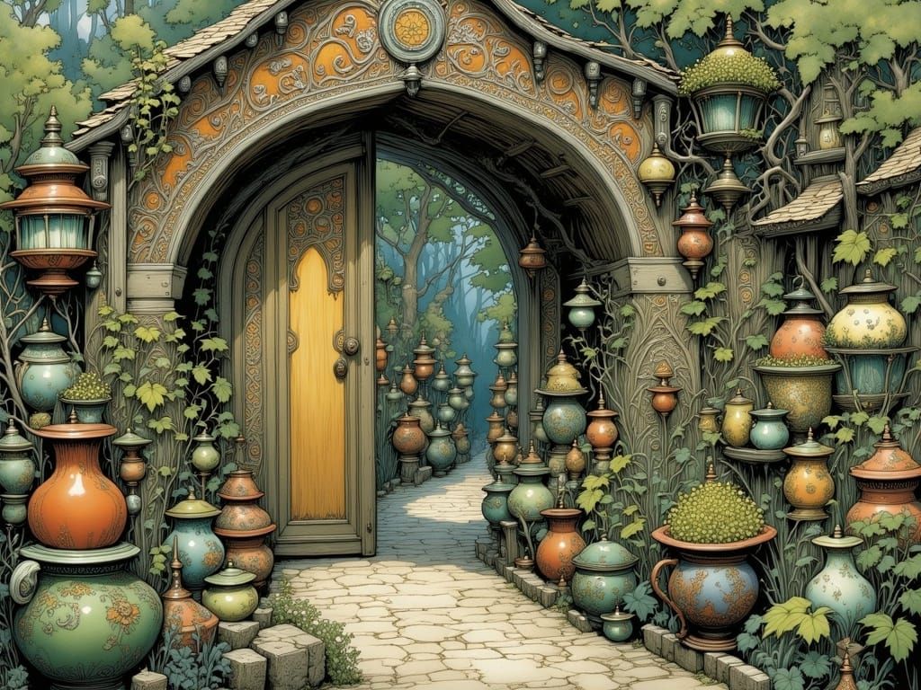 Blooming Garden Beyond a Gate in Art Nouveau Style