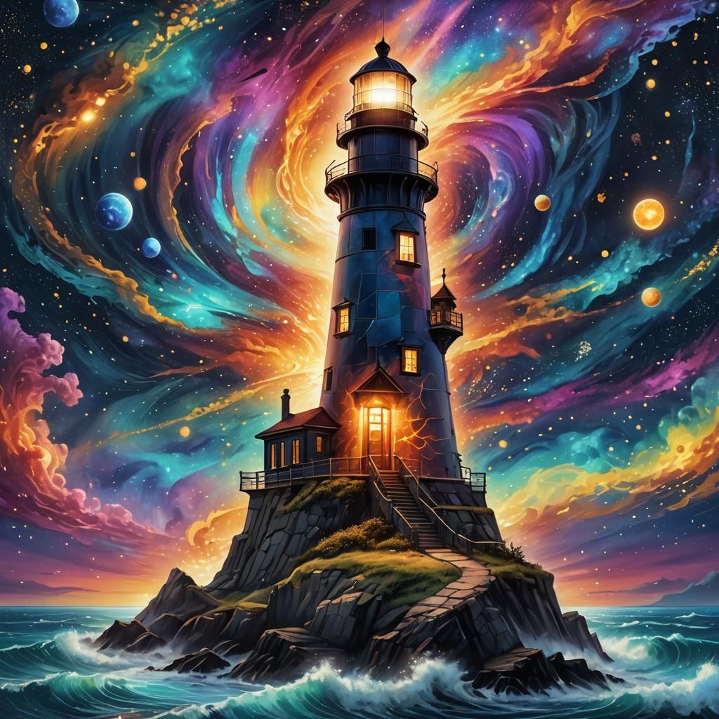 Glowing Lighthouse on Cosmic Shore: Surreal Illustration