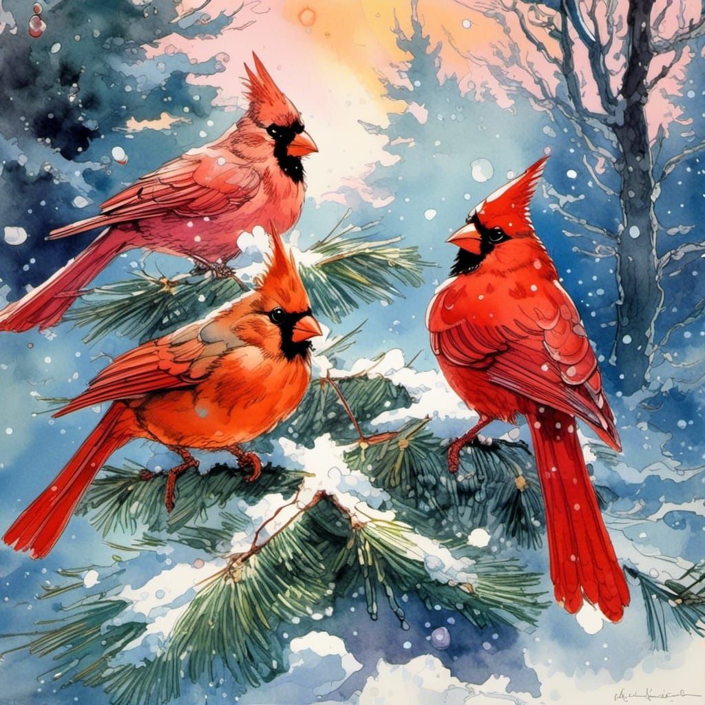 Cardinals Celebrate Christmas in Watercolor Winter Scene