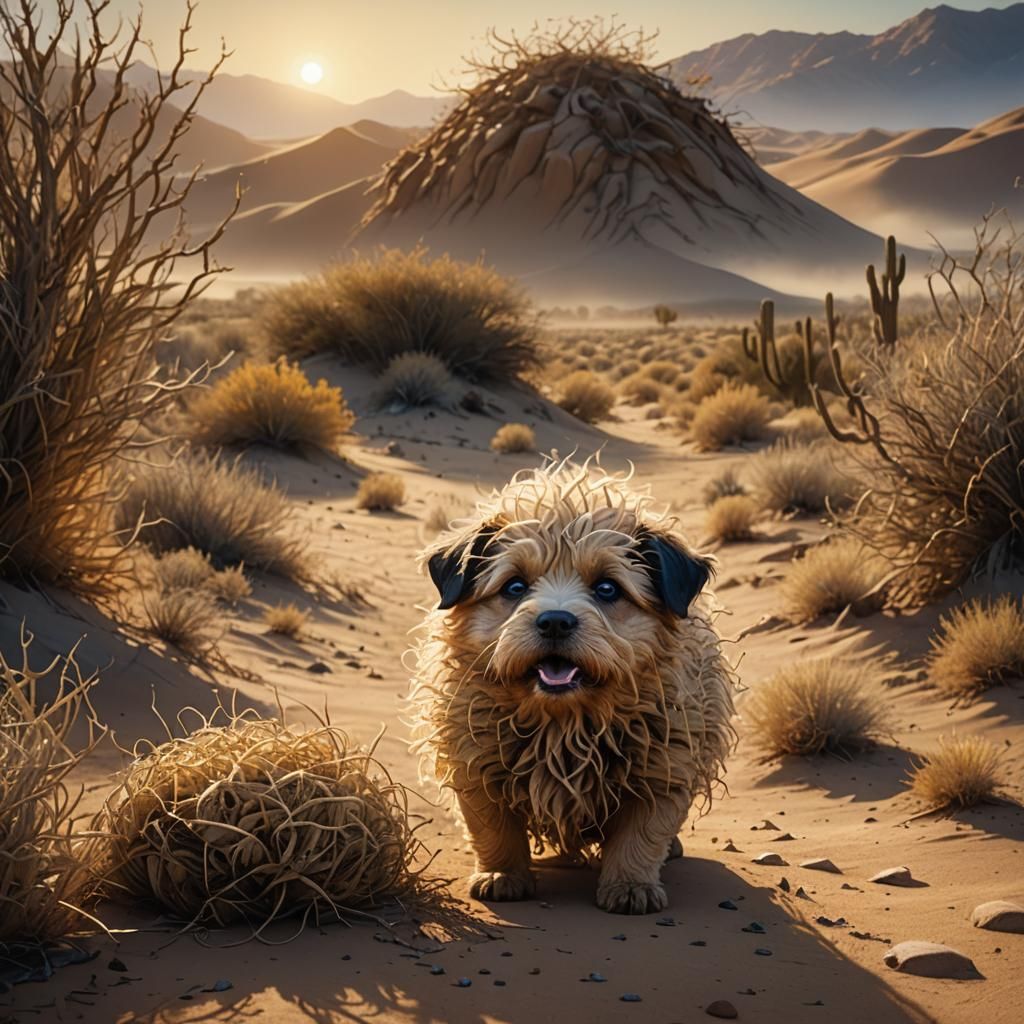 Tumbleweed Puppy Rolls Through Desert Landscape