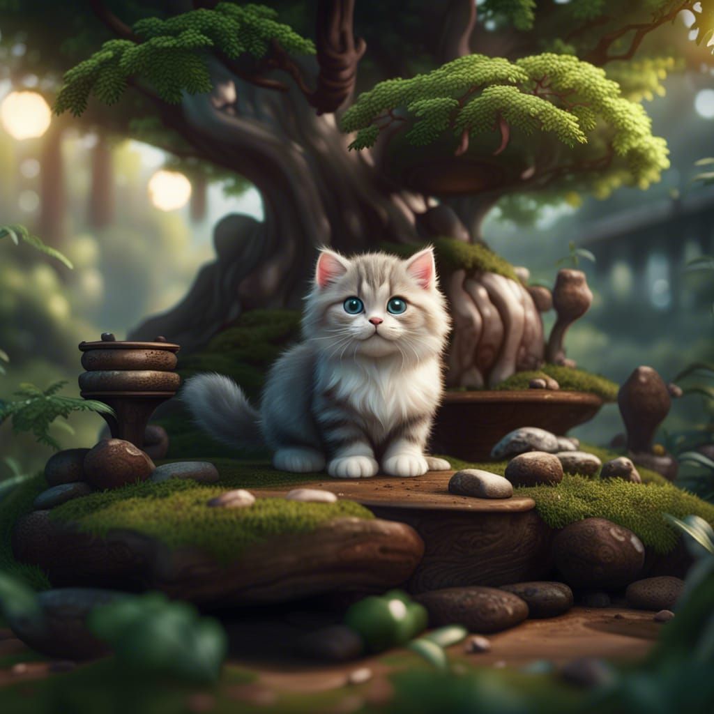 Kitten Under Bonsai Tree: Fantasy Concept Art