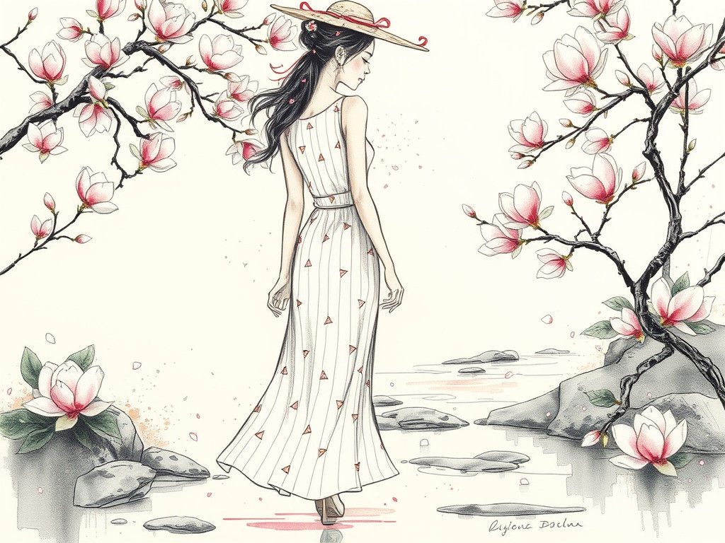 Woman in Garden: Fine Line Sketch with Watercolor