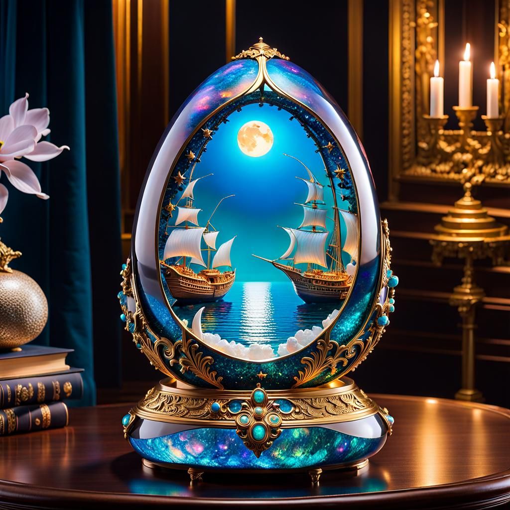 Mystical Ship Voyage Sculpture in Tiffanycore Style