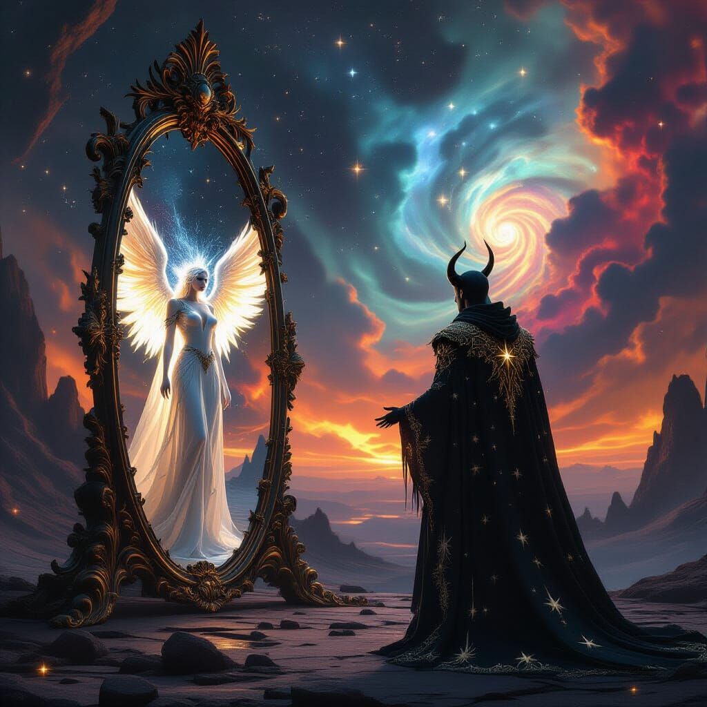 Lucifer Gazing at Angelic Reflection in Cosmic Mirror