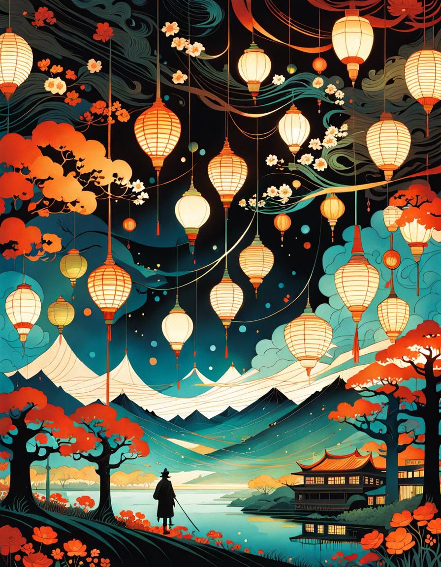 Surreal Dark Landscape with Swirls in Flat 2D Style