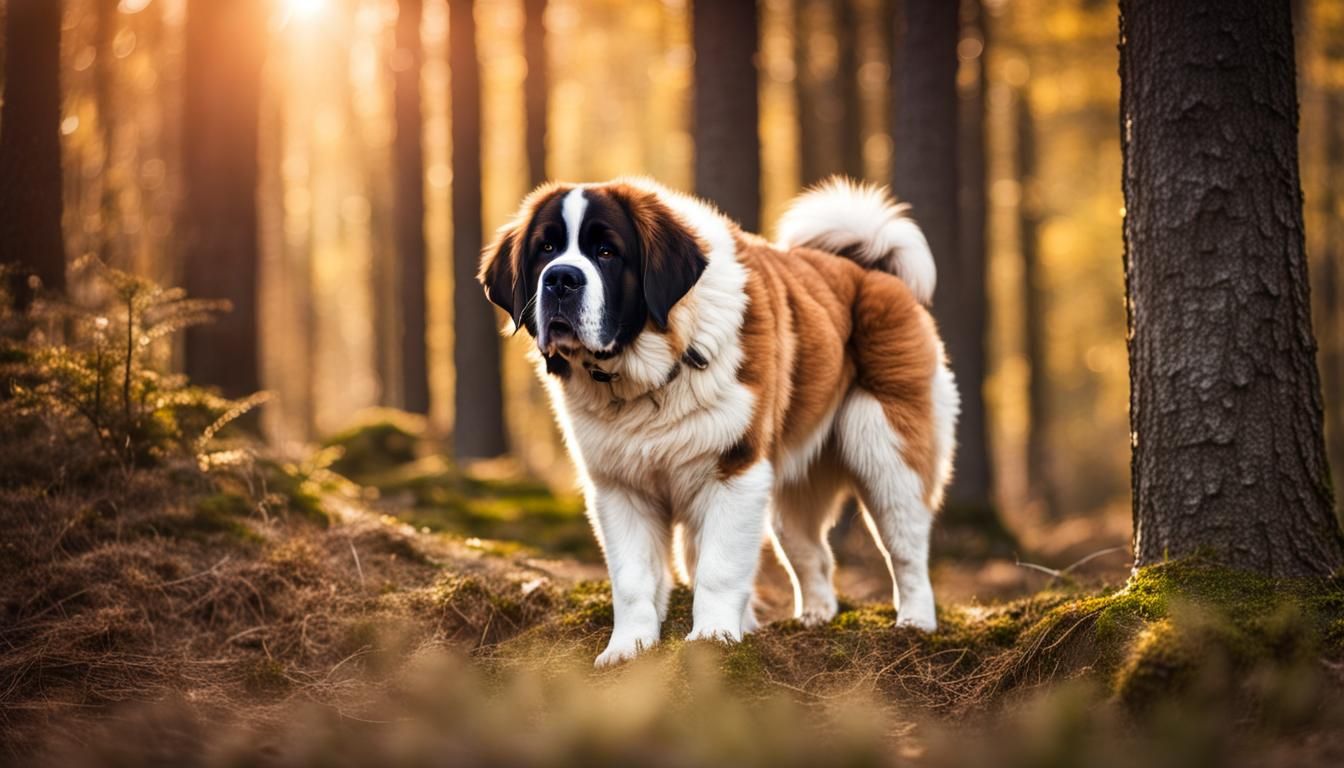 Saint Bernard Dog in Sunny Forest