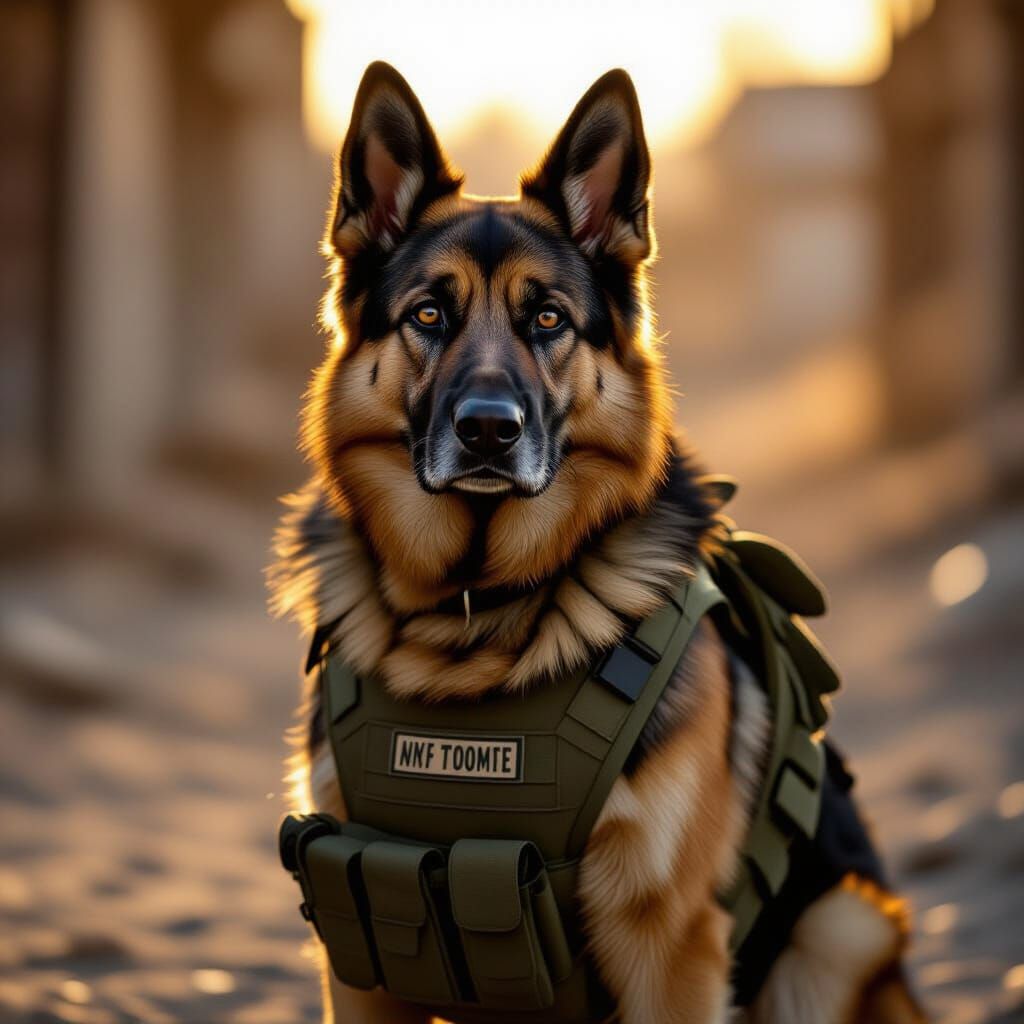 Brave German Shepherd in Military Vest - Cinematic Style