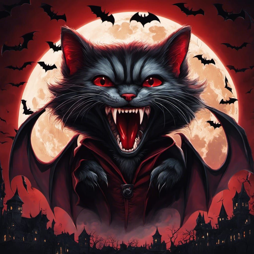 Vampire Kitten Hissing at the Moon, Fantasy Art