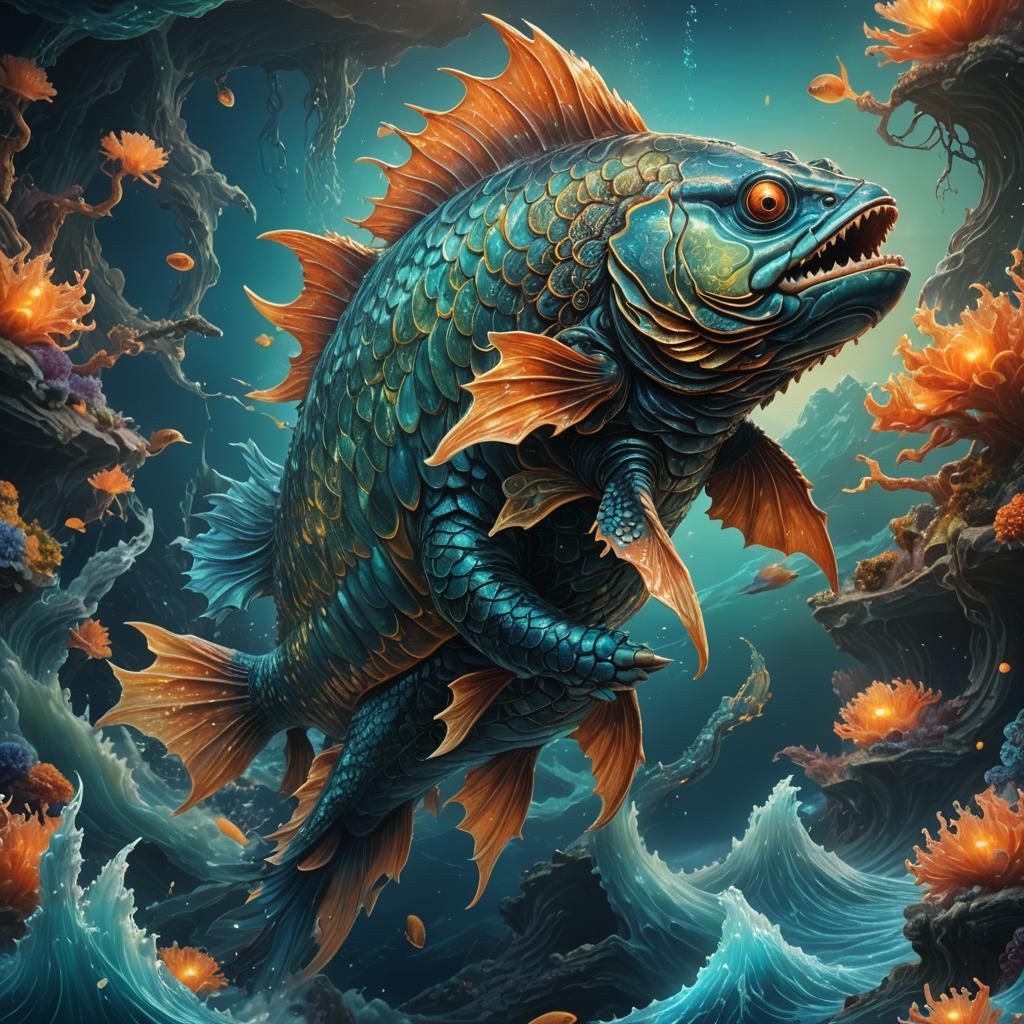 Colossal Bioluminescent Kaiju Fish Rising from Ocean Depths