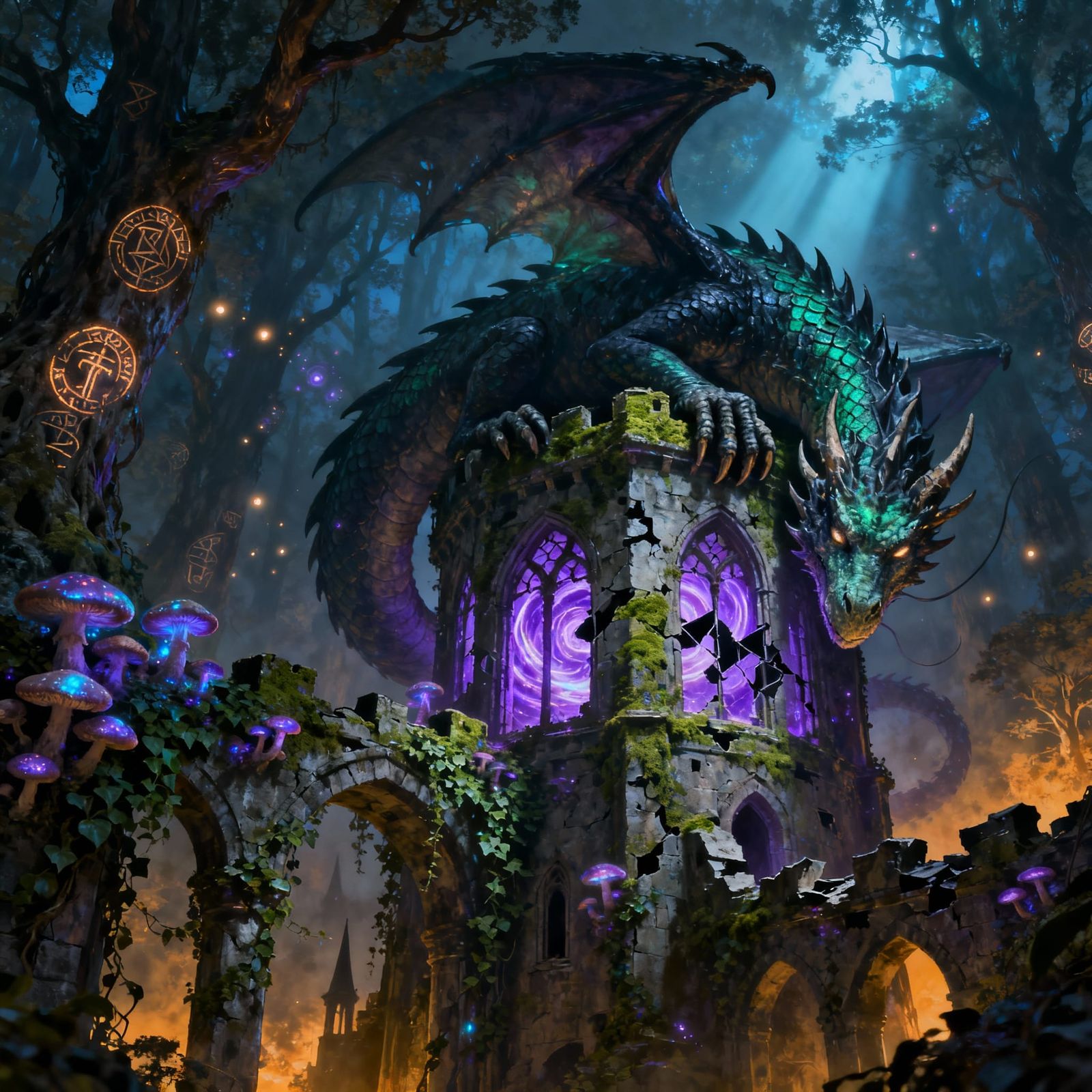 Mossy Dragon Sleeps on Ancient Wizard Tower in Twilight Fore...