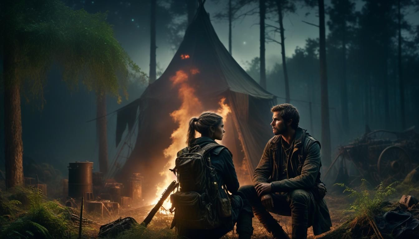 Post-Apocalyptic Couple at Night: Cinematic Digital Painting