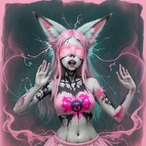 Fox-Eared Girl in Splatterpunk Ecstasy with Occult Symbols