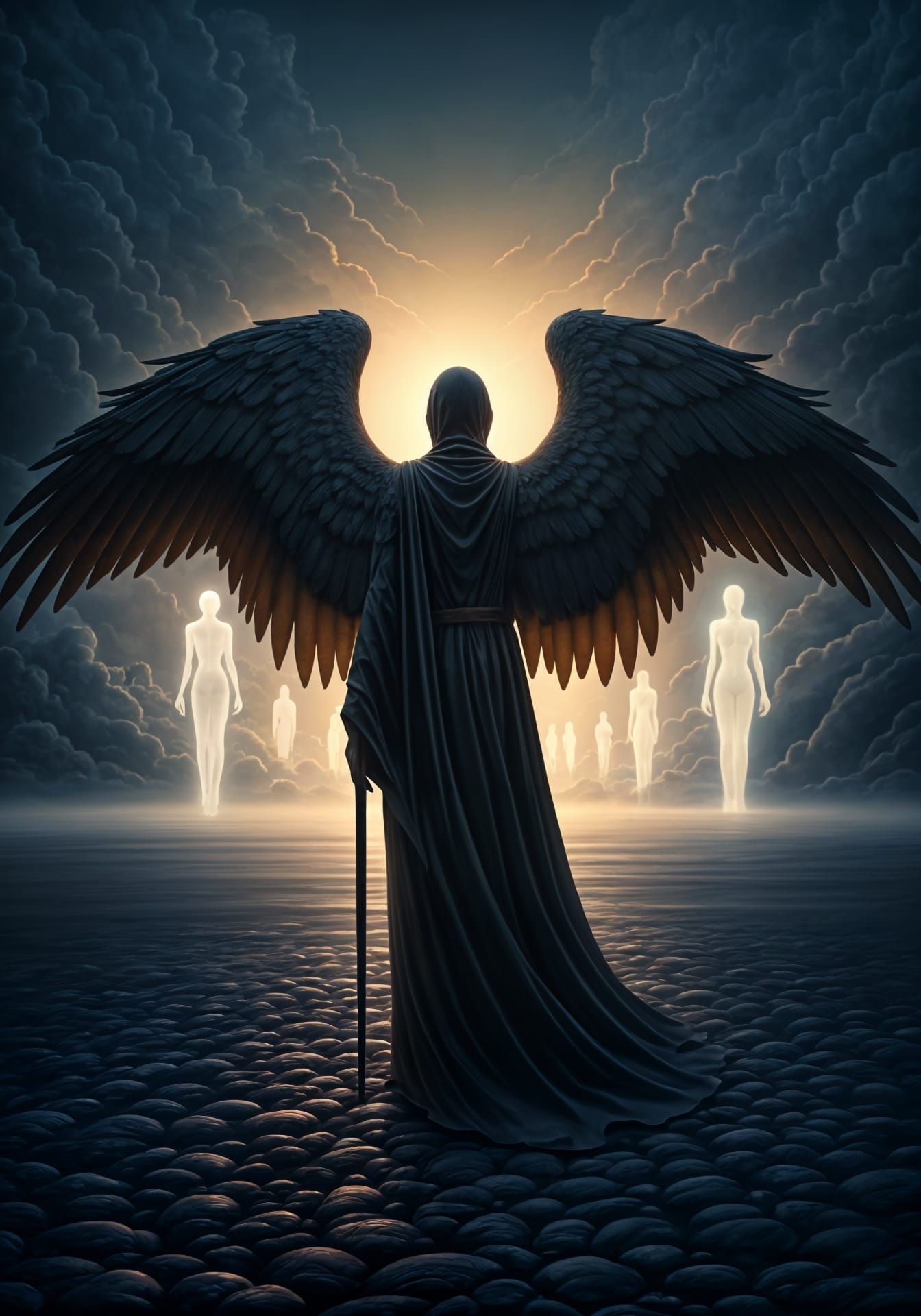 In the hush between worlds, the shadowed angel leads lost souls home