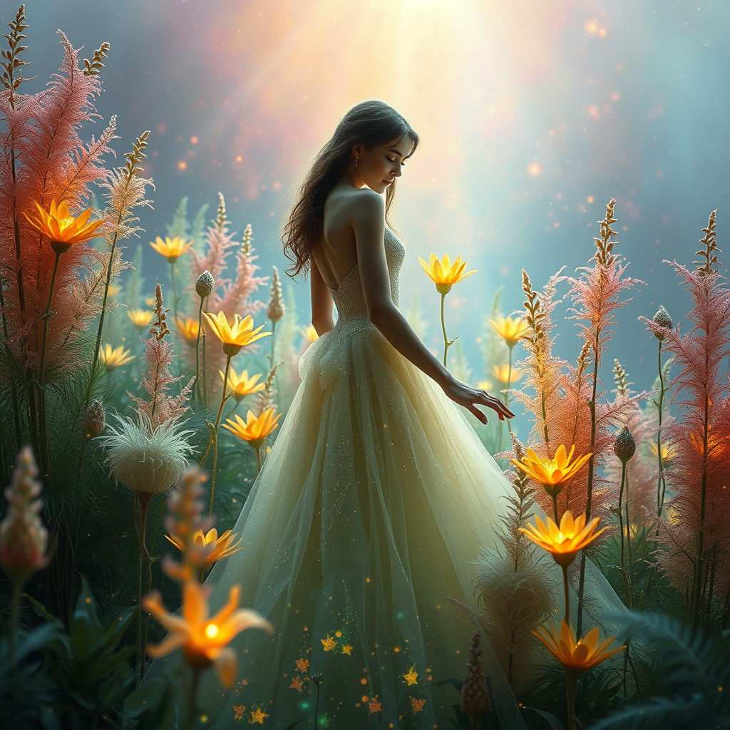 Mystical Woman Tending a Shimmering Garden