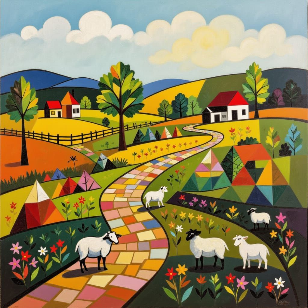 Golden Hour Sheep Farm Landscape in Hudson River School Styl...