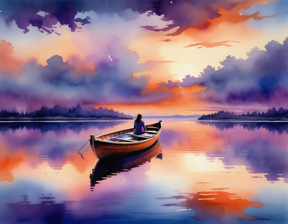 Woman Sleeping in Boat on Lake at Dusk