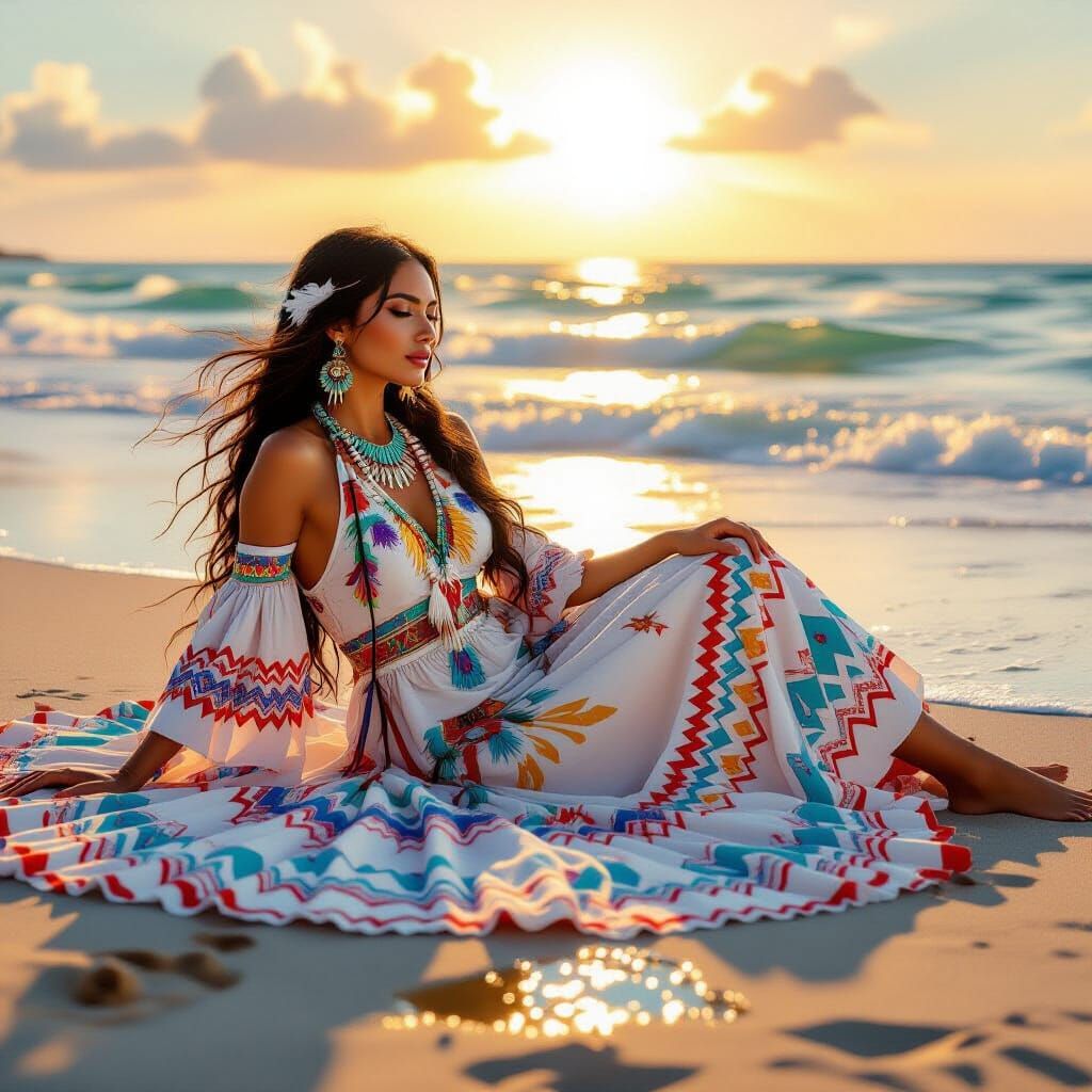 Native American Woman on Beach in Flowy Dress, Hyperrealisti...