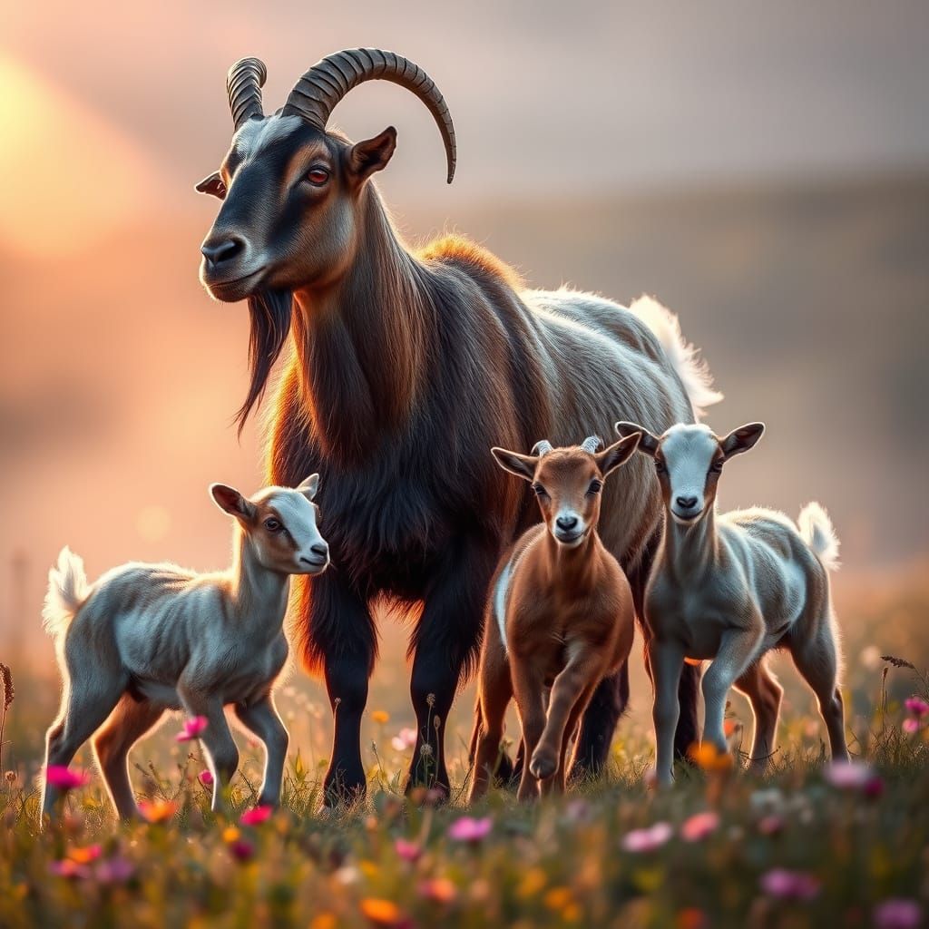 Majestic Goat Family in Serene Wildflower Meadow