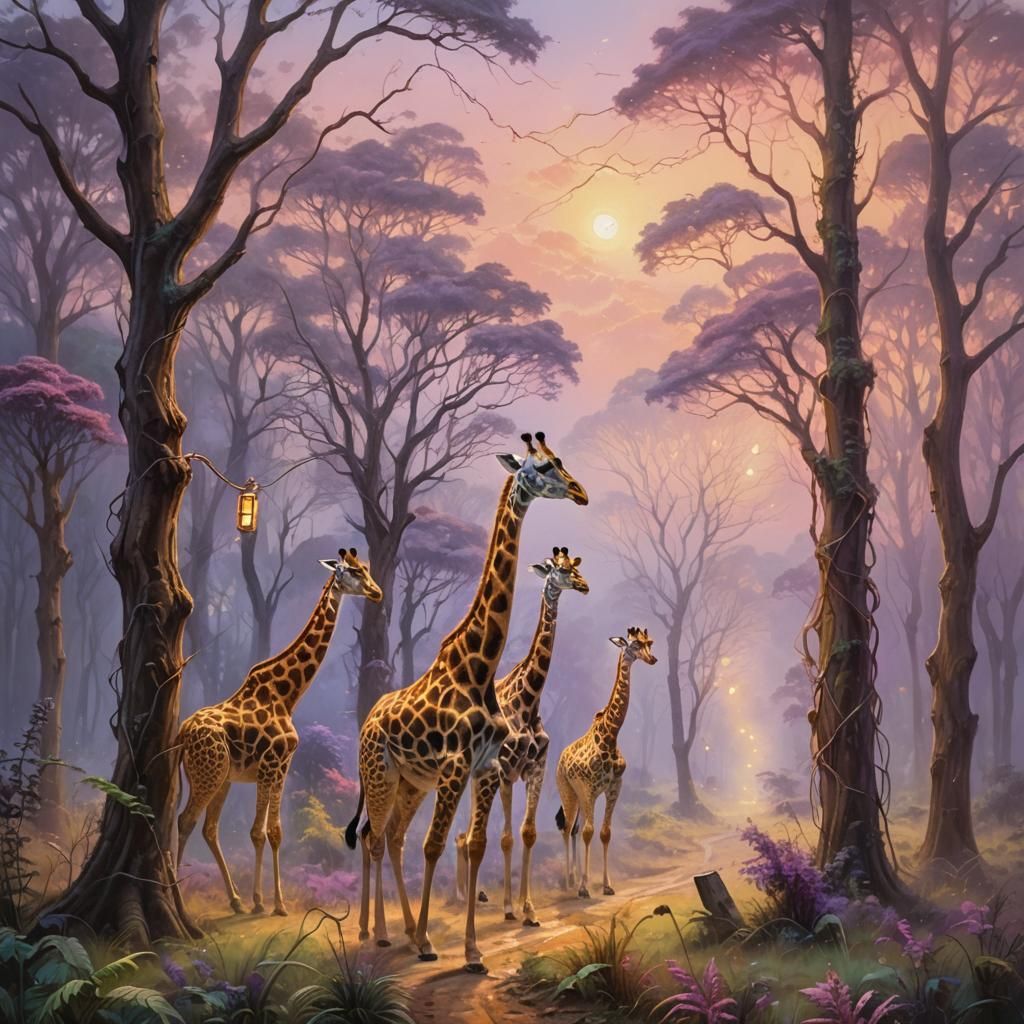 Giraffes and Telephone Line in Ethereal Forest