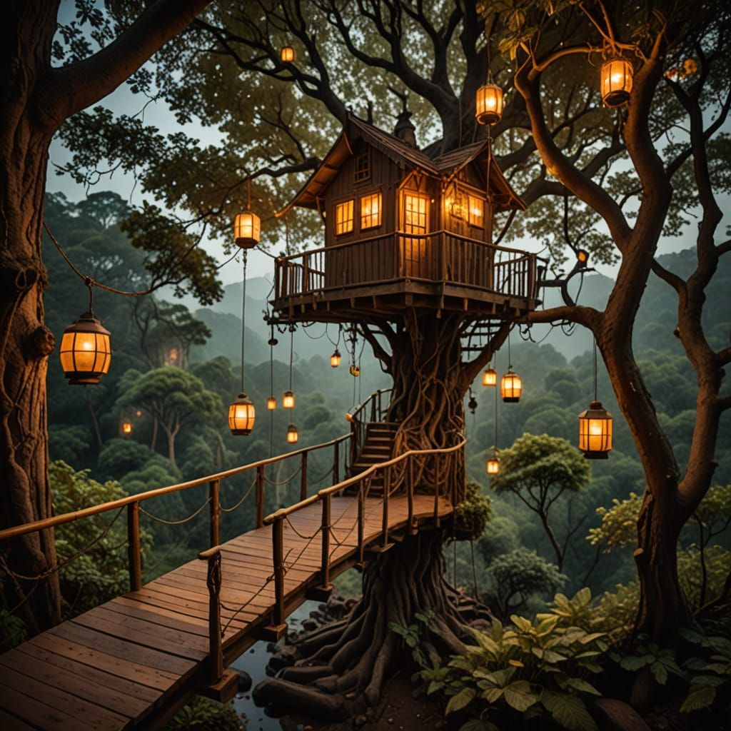 Whimsical Treehouse Scene in Warm, Golden Light