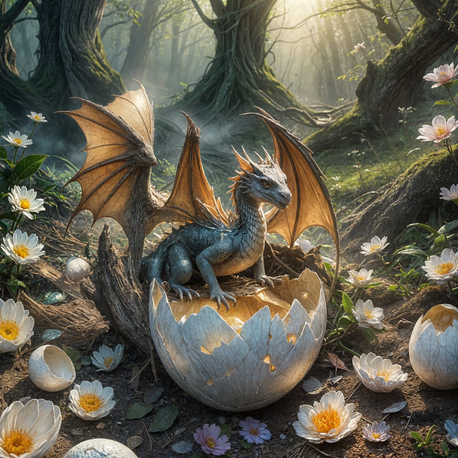 Baby Dragon Emerges in Misty Dawn