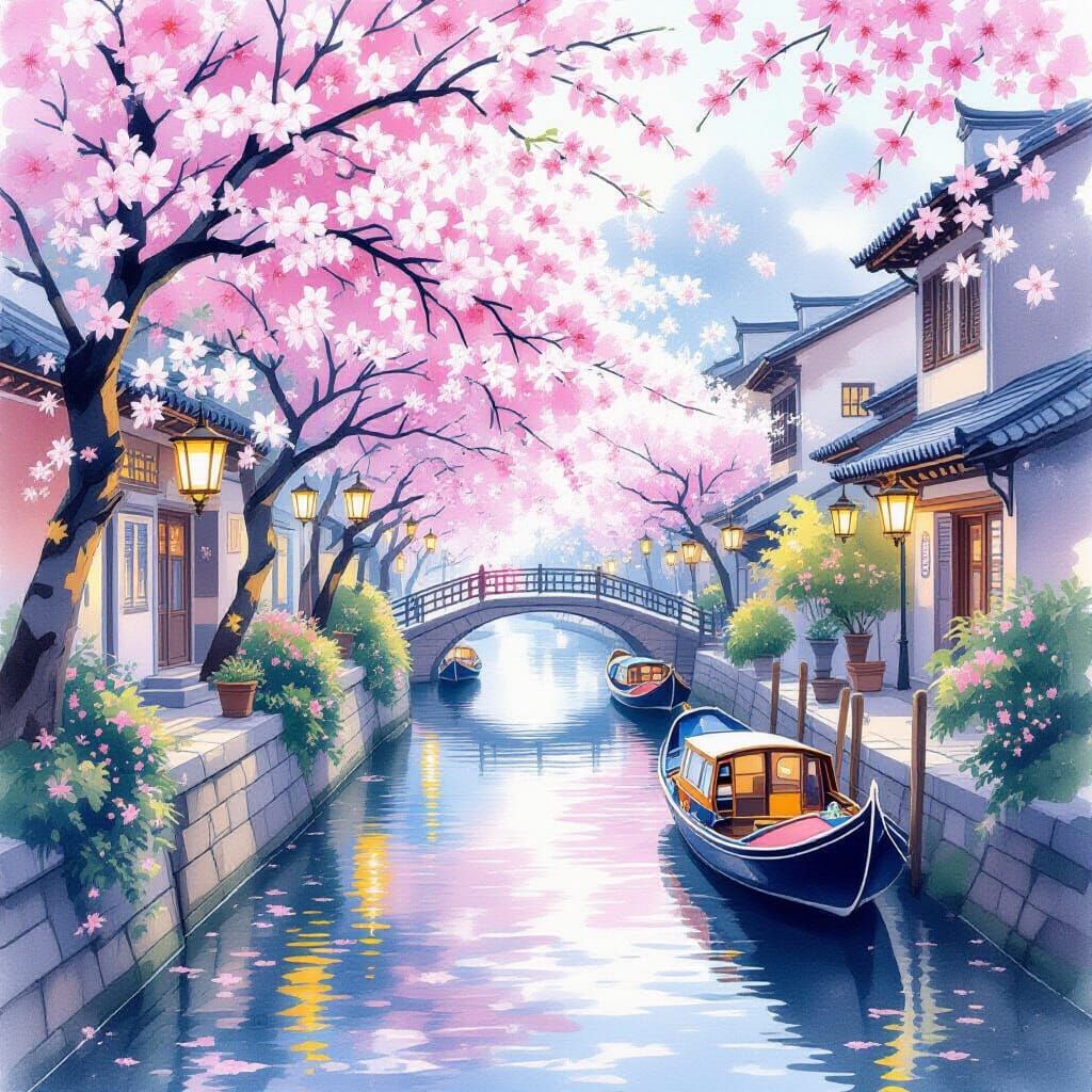 Lantern-Lit Canal with Orchids in Watercolor Style
