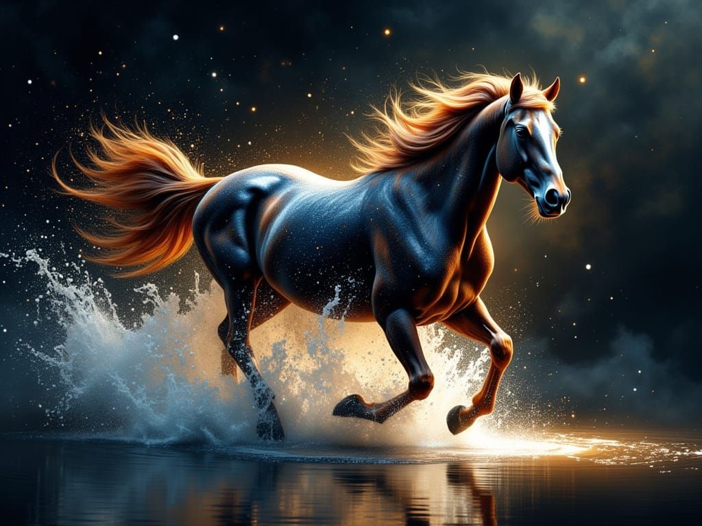 Majestic Horse Gallops Through Water in Oil Painting Style