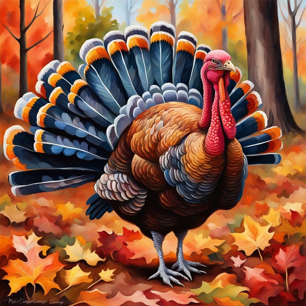 Vibrant Turkey in Autumn Forest: Gouache Impressionist Art