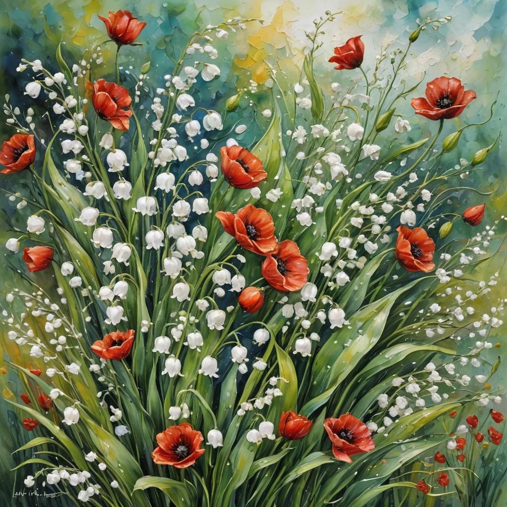 Lily of the Valley and Poppies Impasto Painting
