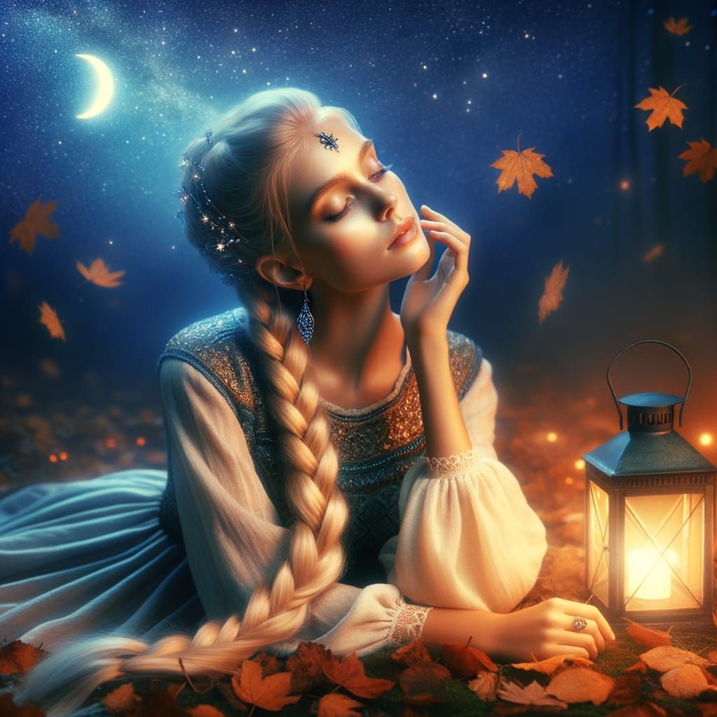 Norse Goddess in Autumn Moonlit Scene