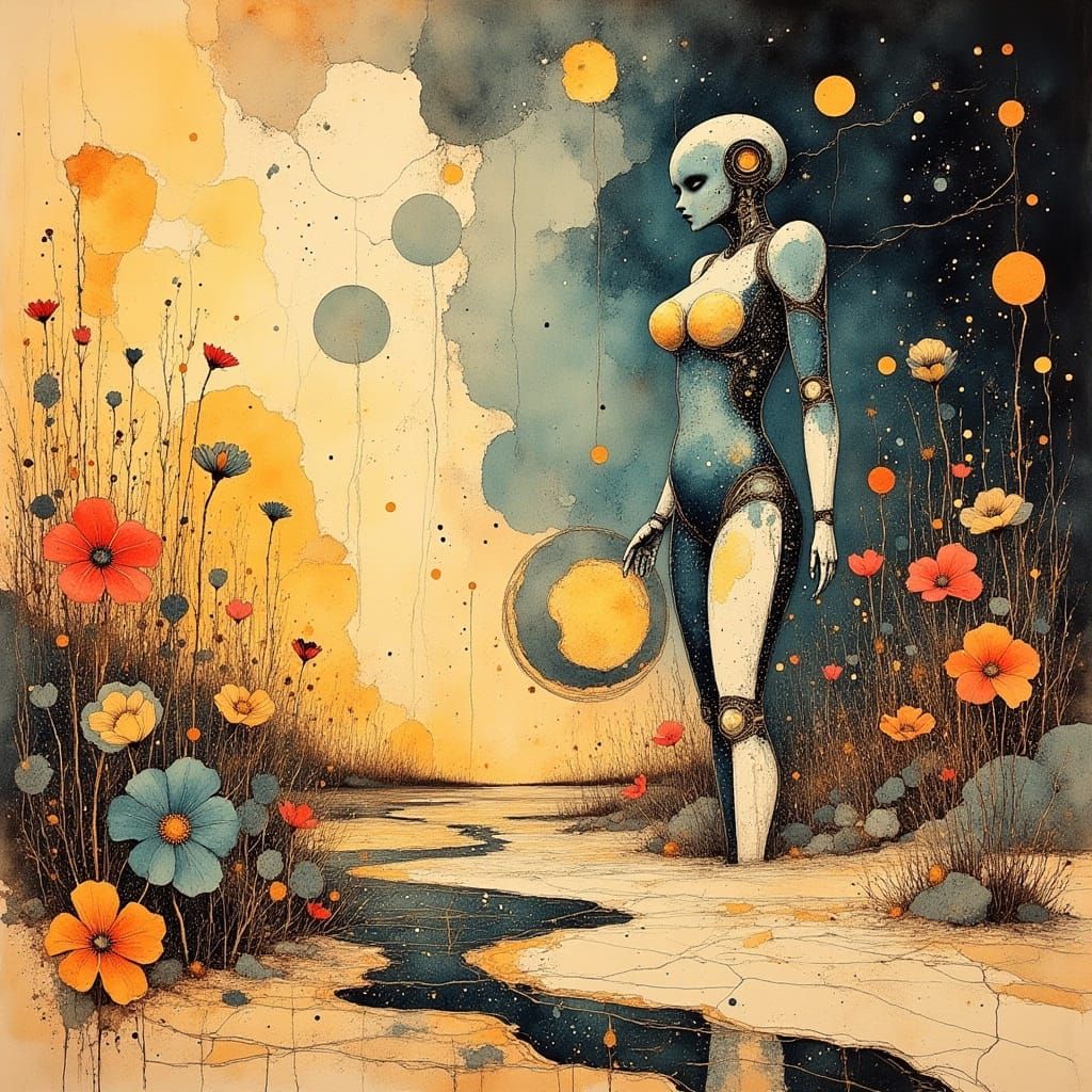 Surreal Robot Tends Blooming Desert Flowers in Action Painti...