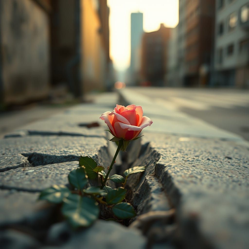 Fragile Rose Blossoms from Concrete in Golden Hour
