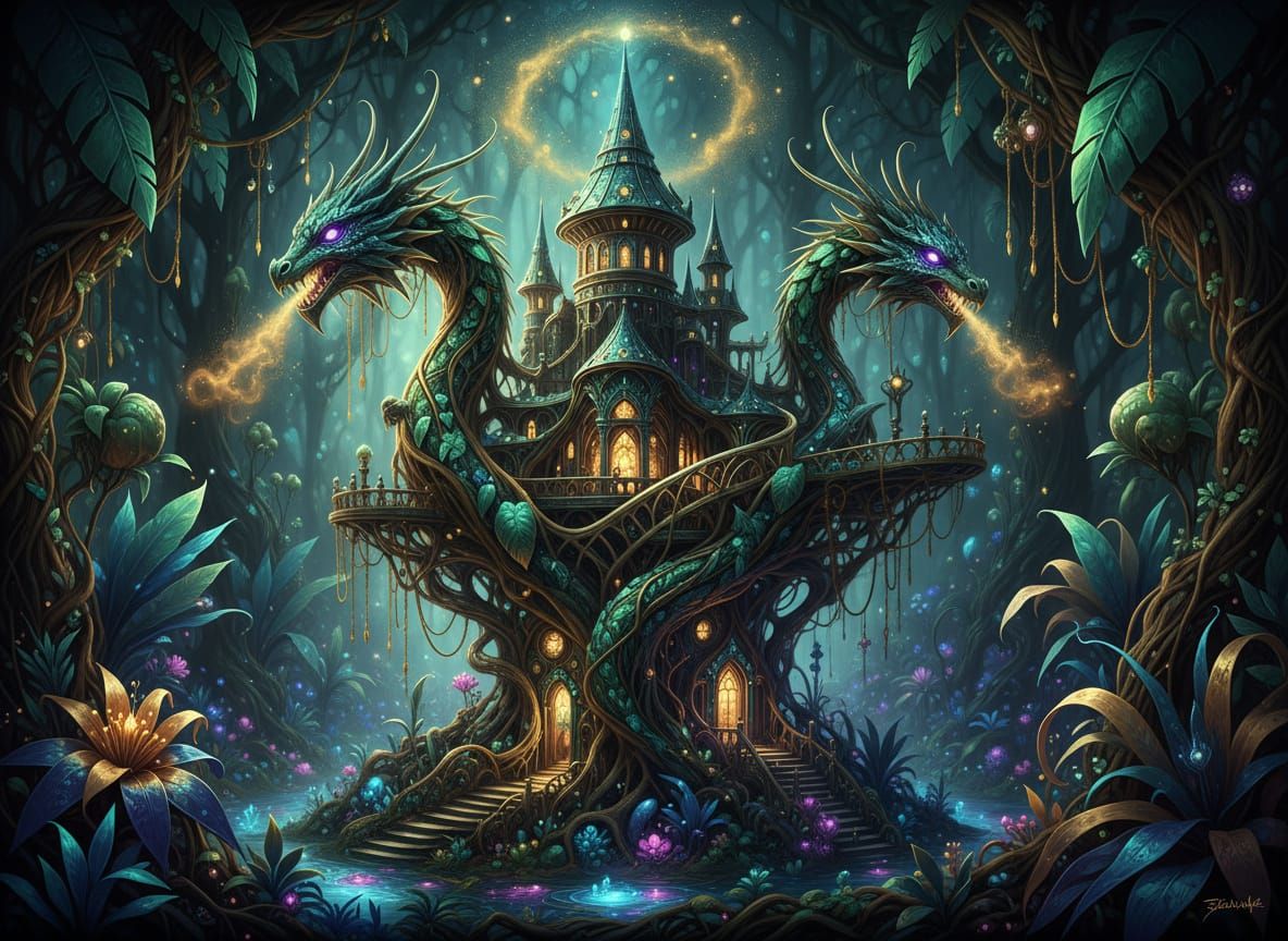Ethereal Dragon Jungle Tree House in Postmodern Baroque Styl...
