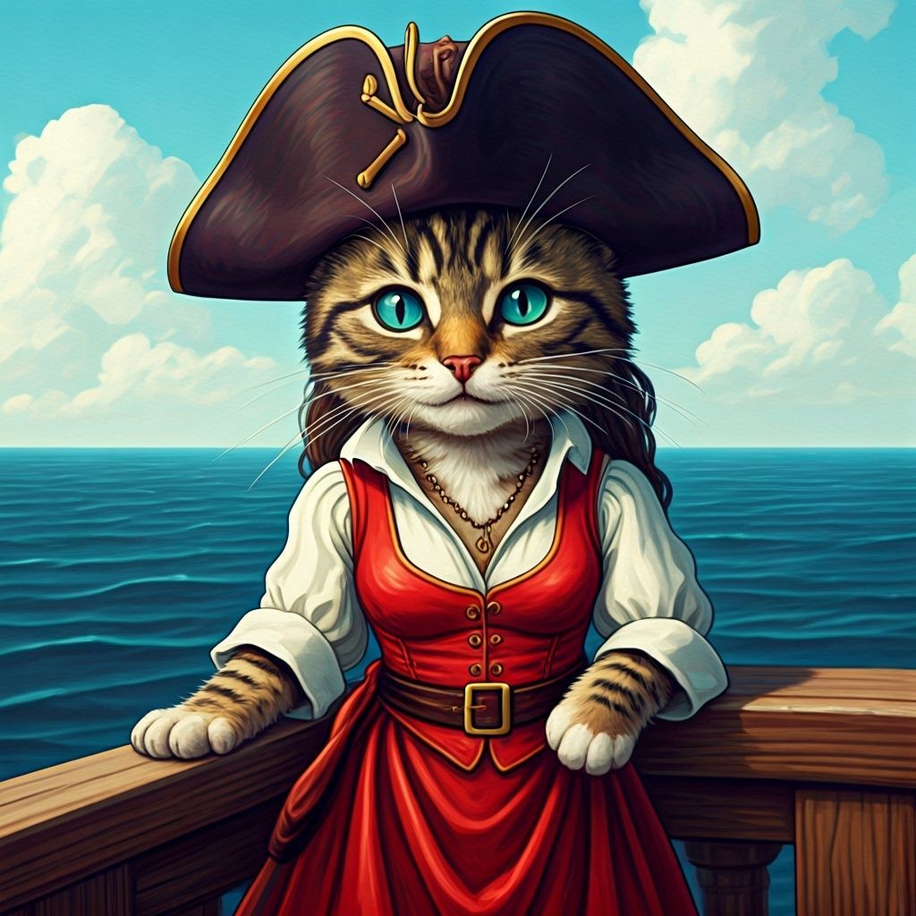 Tabby Kitten Pirate on Ship in Comic Book Style