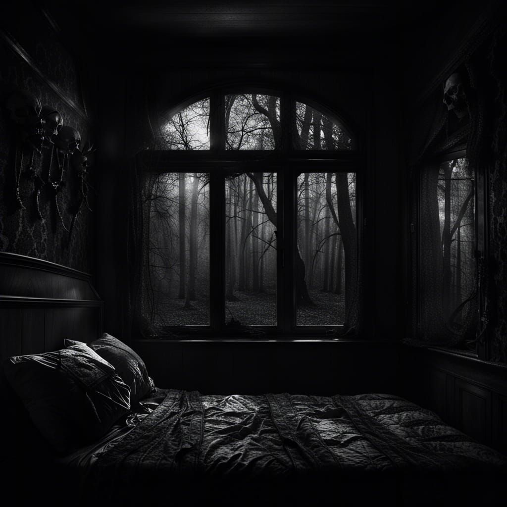 Creepy Dark Bedroom with Skull Forest View