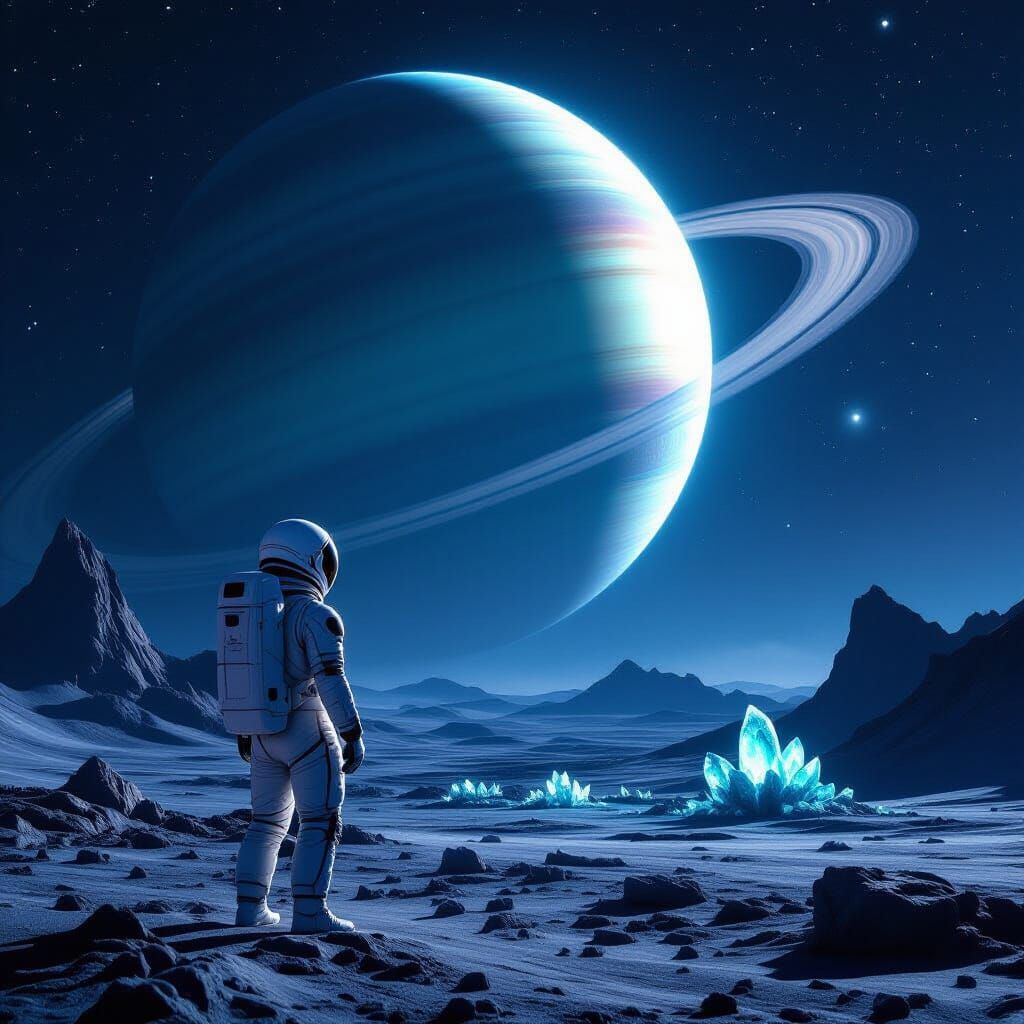 Astronaut Gazes at Alien Planet's Giant Ringed World